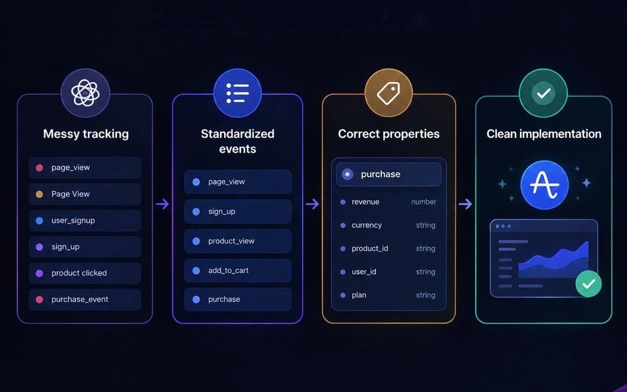 Amplitude setup and fix: messy tracking like page_view and Page View standardized into consistent events, correct typed properties on purchase, and a clean Amplitude implementation