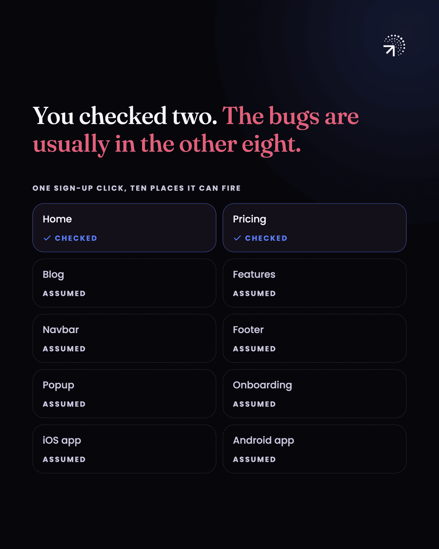 One sign-up click that can fire from ten places: home and pricing are checked, while blog, features, navbar, footer, popup, onboarding, iOS app and Android app are only assumed. The bugs are usually in the eight you didn't check.
